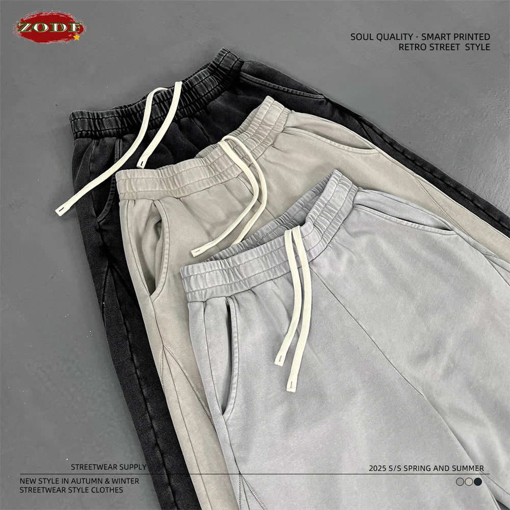ZODF Retro 2025 Autumn Men 380gsm Washed Cotton Pants Unisex Patchwork Distressed Heavyweight Loose Solid Terry Trousers HY1071