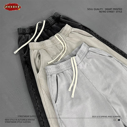 ZODF Retro 2025 Autumn Men 380gsm Washed Cotton Pants Unisex Patchwork Distressed Heavyweight Loose Solid Terry Trousers HY1071