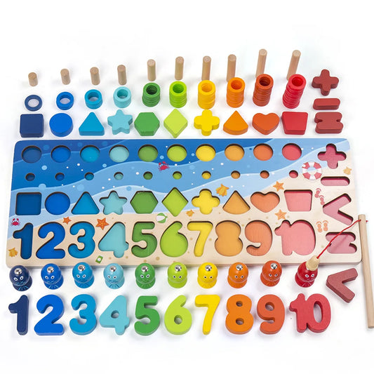 Kids Montessori Math Toys For Toddlers Educational Wooden Puzzle Fishing Toys Count Number Shape Matching Sorter Games Board Toy