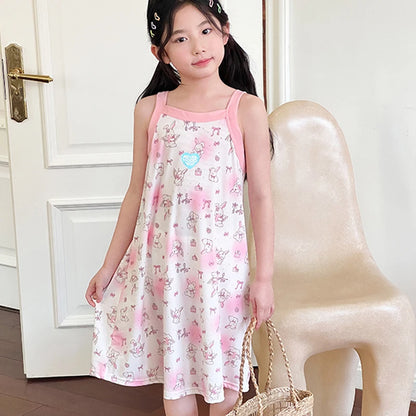 Girl Night Dress Children's Pajamas Sleepwear Teen Girls Nightgown 2 to 12 13 14 Years Blue Floral Summer Sleeveless Cartoon Pjs