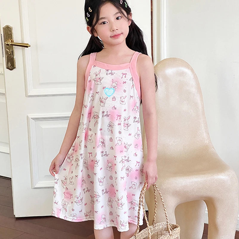 Kids Girls Nightgown Cartoon Nightdress Girl Sleepwear Nightie Summer Sleeveless Floral Print Cats Nightwear Children Clothes