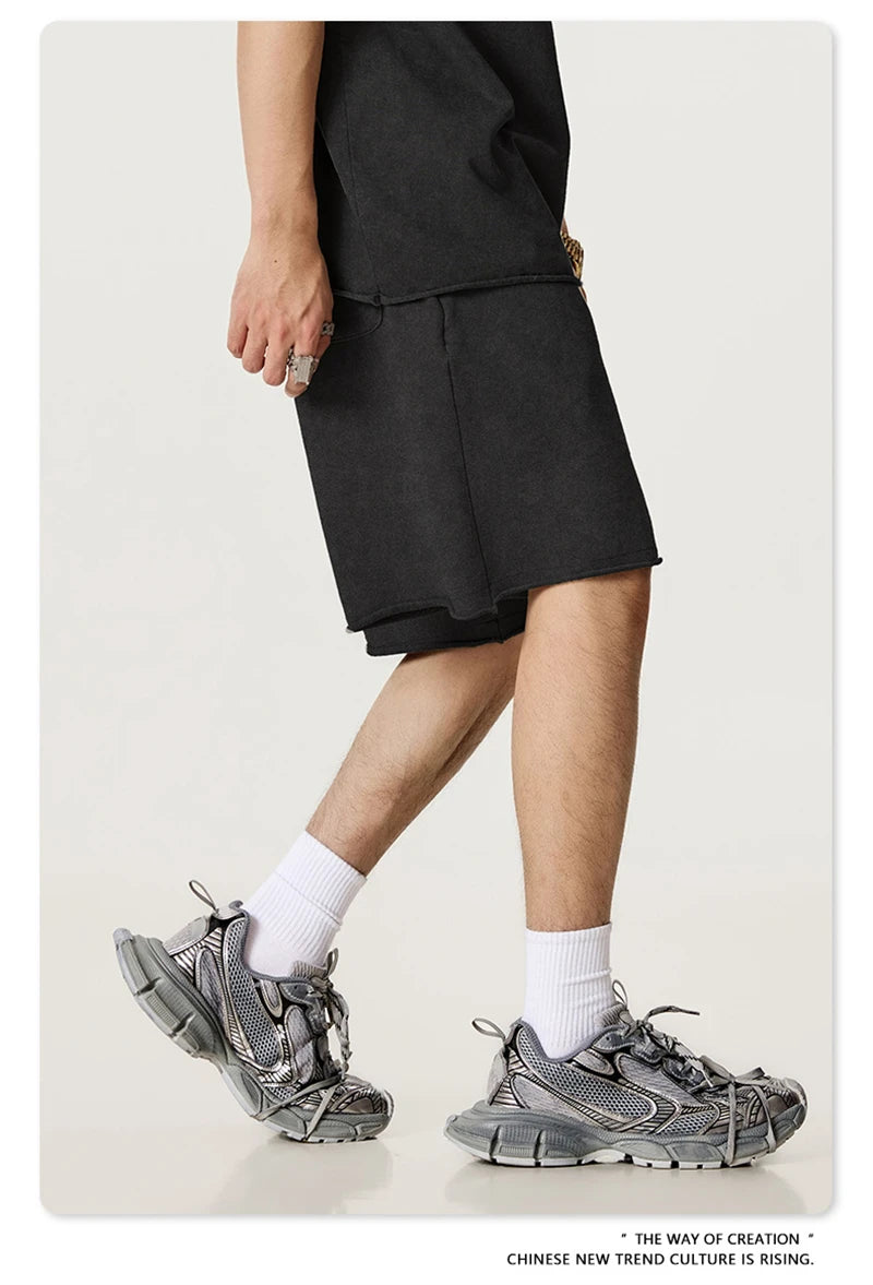 ZODF Retro Summer Washed 370gsm Cotton Shorts For Men Unisex High Street Loose Edge Distressed Solid Shorts Brand Clothes HY1023