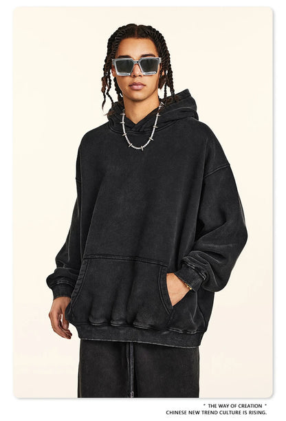 ZODF Retro Men’s Winter Washed Fleece Hoodie 360gsm Warm Knitted Loose Hooded Pullover Streetwear HY0887