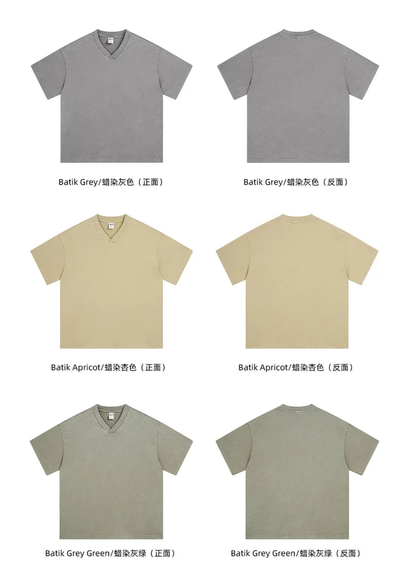 ZODF 2025 Men Summer 250gsm Batik Washed Cotton T-Shirts Retro Unisex Oversized V Neck Distressed T Shirt Brand Tees HY1067