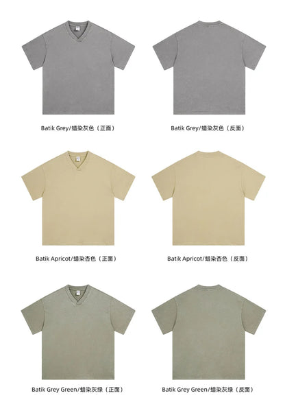 ZODF 2025 Men Summer 250gsm Batik Washed Cotton T-Shirts Retro Unisex Oversized V Neck Distressed T Shirt Brand Tees HY1067