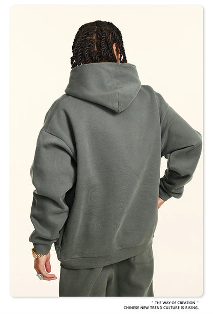 ZODF New Winter Men Solid Fleece Hoodies Unisex Women 345gsm Loose Warm Side Zipper Pocket Hooded Pullovers Brand Clothes HY0867