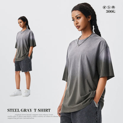 ZODF New Men's Summer Washed Gradient Cotton T-Shirts Unisex Women Retro Distressed 310gsm Ripped T Shirt Brand Tops HY0859
