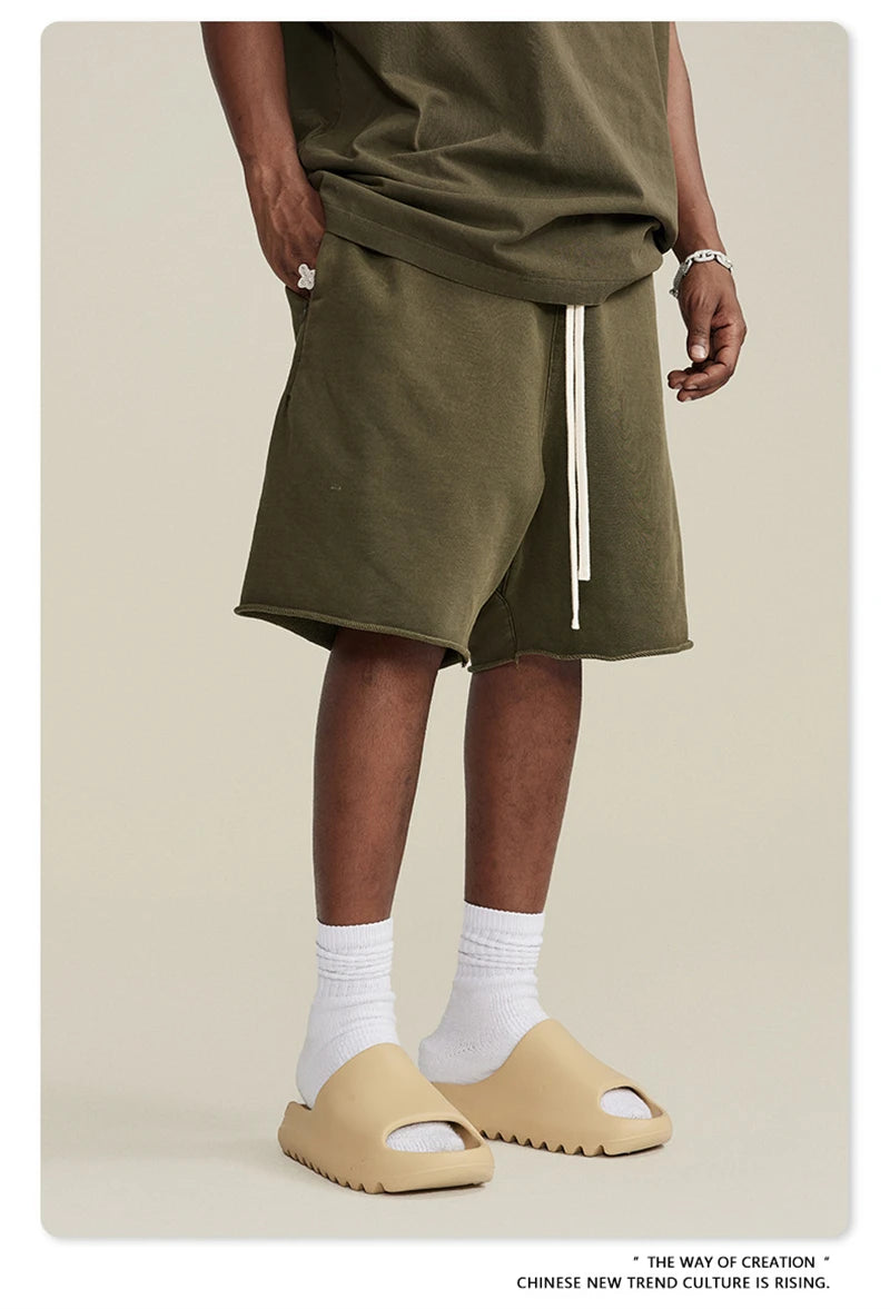 ZODF New Summer Men Retro Washed Shorts Unisex Drawstring Loose Edge 420gsm Solid Knee Length Cotton Pants Streetwears HY0589