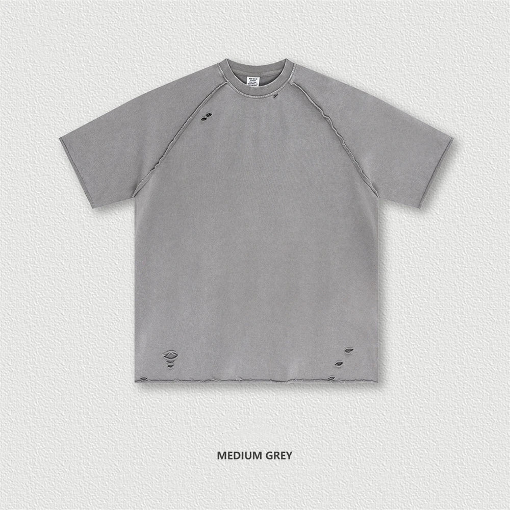ZODF 2025 Men Summer Heavy Weight Washed 330gsm Cotton T-shirt Unisex High Street Distressed Holes Oversized T Shirts Tee HY0984