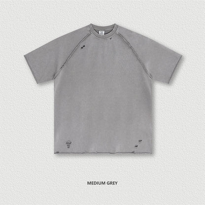 ZODF 2025 Men Summer Heavy Weight Washed 330gsm Cotton T-shirt Unisex High Street Distressed Holes Oversized T Shirts Tee HY0984