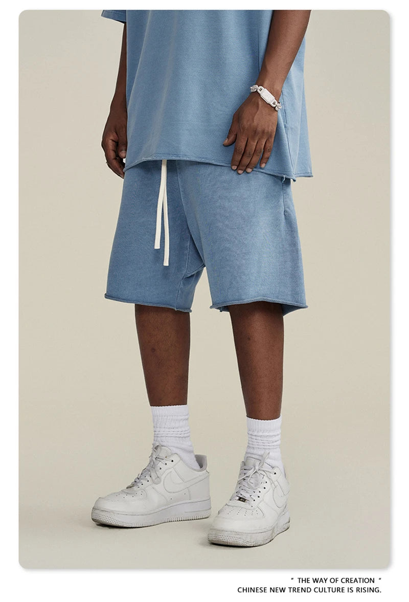 ZODF New Summer Men Retro Washed Shorts Unisex Drawstring Loose Edge 420gsm Solid Knee Length Cotton Pants Streetwears HY0589