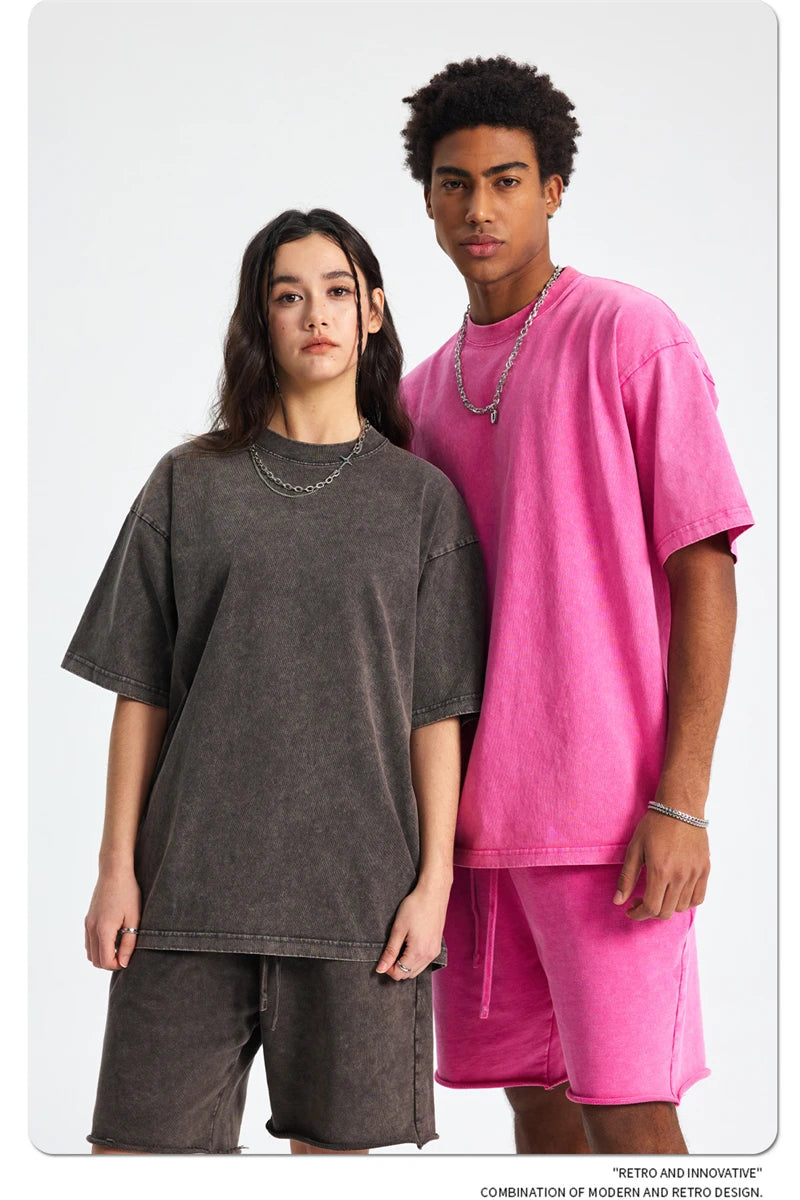 ZODF 2025 High Street Summer Washed Cotton Unisex Loose Retro Solid T-Shirt HY0113