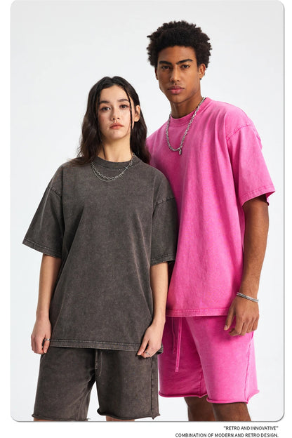 ZODF 2025 High Street Summer Washed Cotton Unisex Loose Retro Solid T-Shirt HY0113