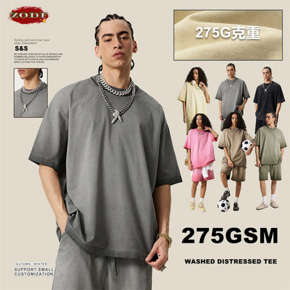 ZODF 2025 Summer Washed 275gsm Solid Cotton T-shirt For Men Unisex Oversized Short Sleeve T Shits Brand Tops HY0981