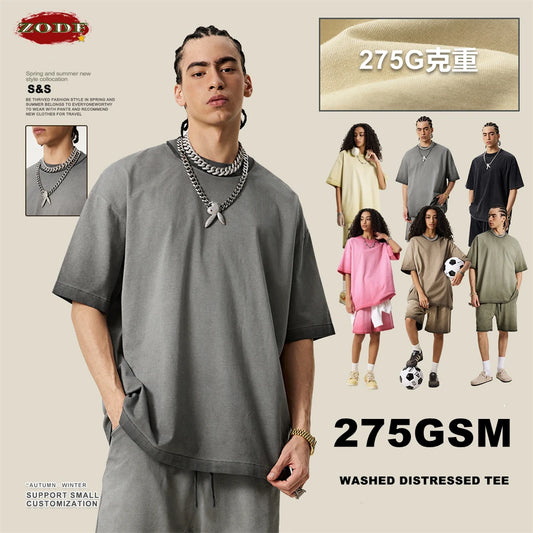 ZODF 2025 Summer Washed 275gsm Solid Cotton T-shirt For Men Unisex Oversized Short Sleeve T Shits Brand Tops HY0981
