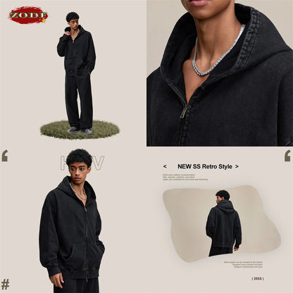 ZODF Heavy Wieght 480gsm Washed Cotton Boxy Zipper Hoodies For Man Unisex Retro Patchwork Off Shoulder Hooded Coats HY1152