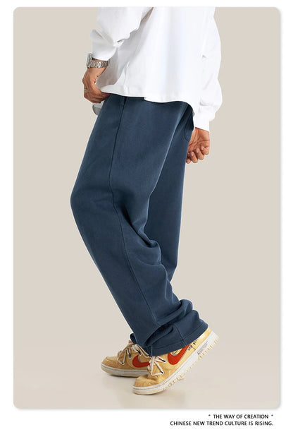 ZODF Retro Men Autumn Washed 380gsm Cotton Unisex High Street Oversized Solid Sport Straight Pants HY0885