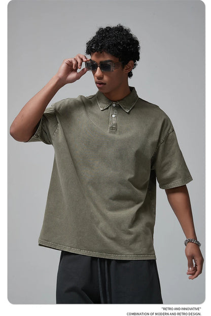 ZODF Summer Men Batik Washed 275gsm Cotton T Shirt Unisex Retro Turn Down Collar Short Sleeve T-shirts Tees HY0533