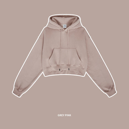 ZODF Chic Sexy Women Super-short Fleece Cropped Hoodies Girl Female Hip Hop Loose 345gsm Solid Hooded Pullover Streetwear HY0340