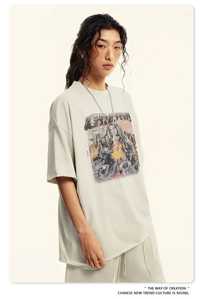 ZODF 2024 Summer 310GSM Cotton T-Shirts For Men Unisex Washed Comfortable High Street Printing T Shirt Tees HY0463