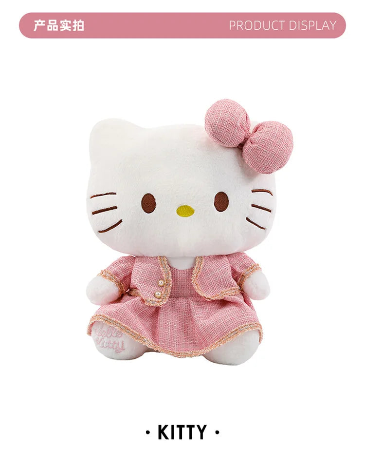 Sanrio Plush Cat Stuffed Animal Doll Large Checkered Skirt Kawaii Pillow Toy for Kids Birthday Christmas Gift for Girls Bedtime