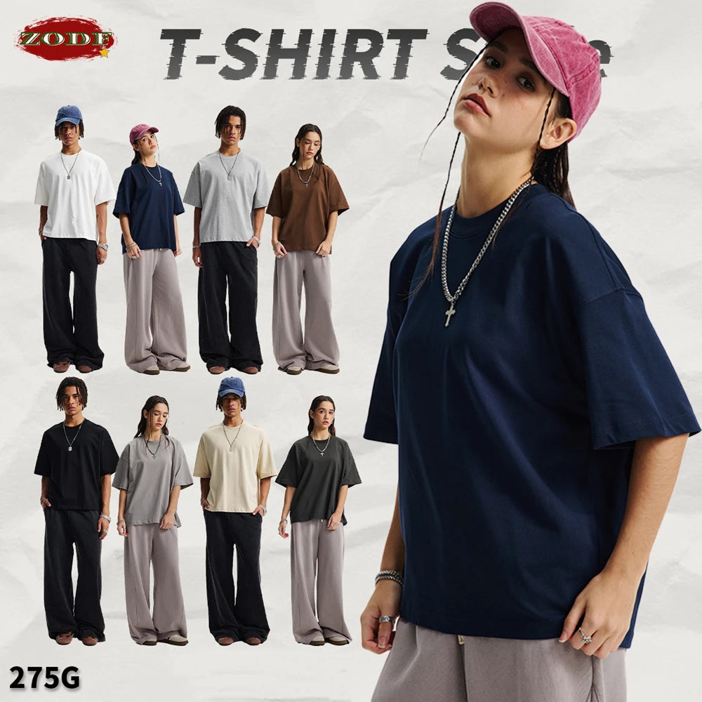 ZODF New Men Summer Boxy 275gsm Cotton T-Shirts Retro Unisex Oversized Short Version Basic T Shirt Brand Tees HY1070