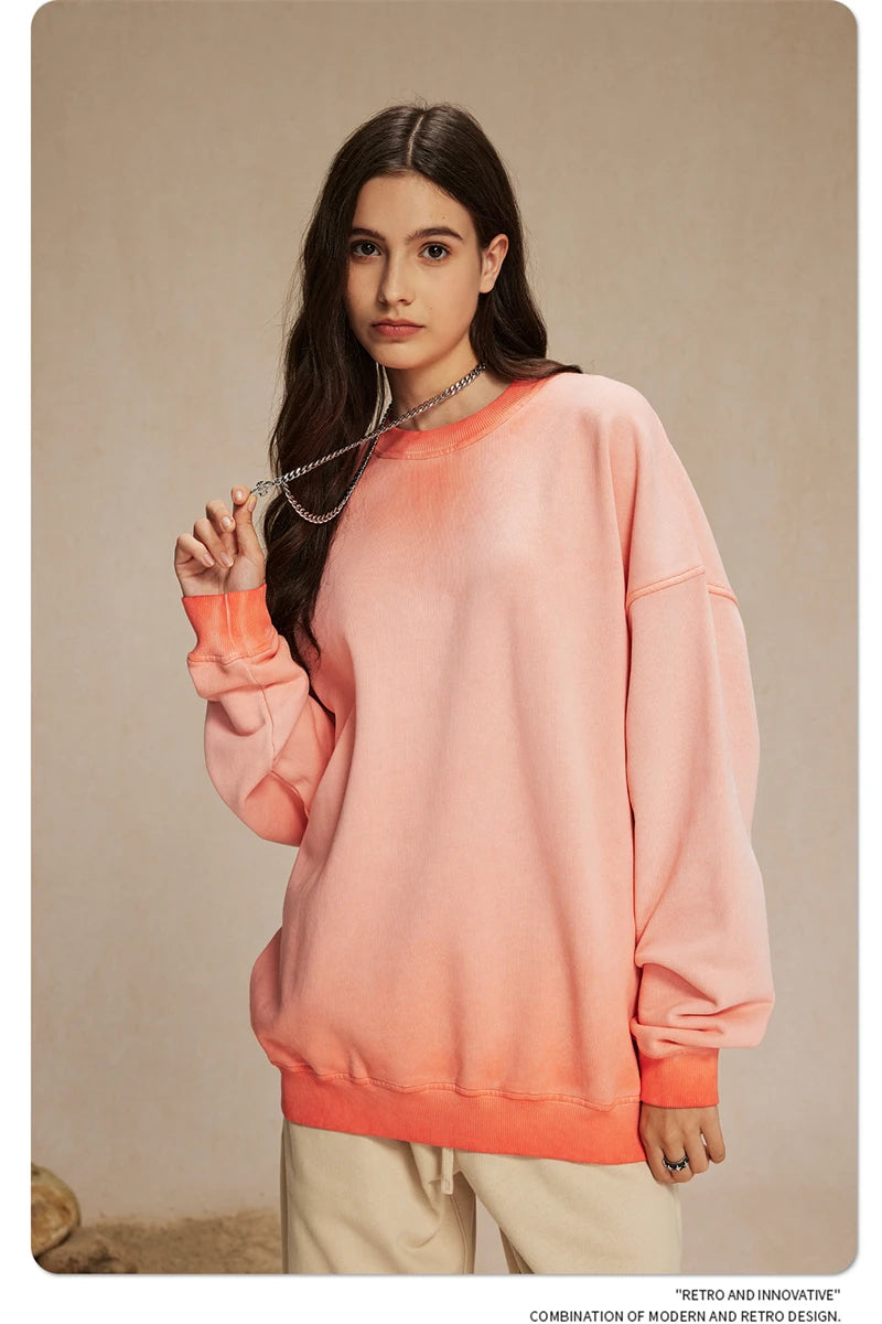 ZODF 2024 Autumn Men's Washed Sweatshirt Unisex Women Retro Solid 430gsm Terry Cotton O Neck Pullovers Coat HY0880