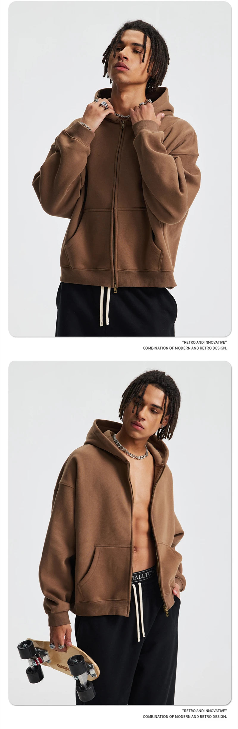 ZODF Trendy 2025 Winter Man Solid Fleece Boxy Hoodies Unisex 350gsm Double Head Zipper Hooded Sweatshirts Coat HY1122
