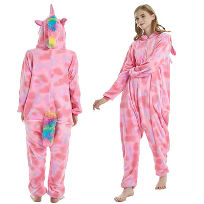 Pink Sleep Jumpsuit Woman Onesie Adults Pyjama Animal Plush Winter Warm Hooded Kigurumi Unicorn Pajamas Star Print Christmas Pjs