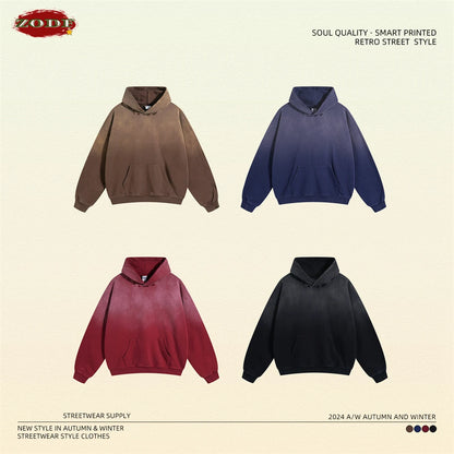 ZODF Retro Men's Heavyweight Gradient Washed Hoodies Unisex Loose Distressed Holes 450gsm Knitted Hooded Pullovers HY0891