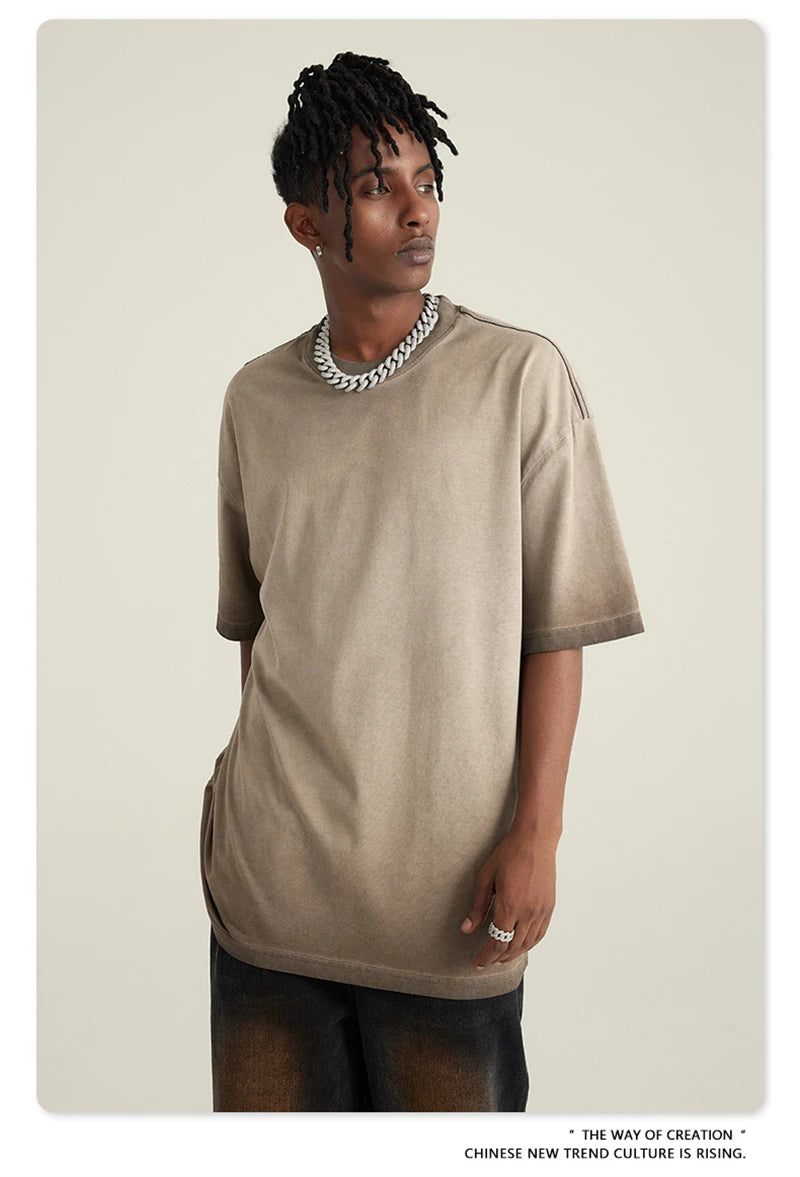 ZODF 2023 Men's Summer 255G Wash Gradient Fried Cotton T Shirt Round Neck Short Sleeve American Retro Loose T-Shirt HY0547