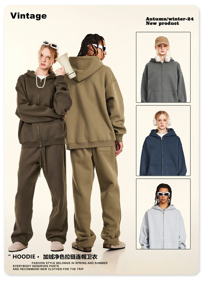 ZODF Fashion Winter Men Warm Zipper Fleece Hoodies Unisex Loose Basic 345gsm Knitted Hooded Hoodie Coats HY0904