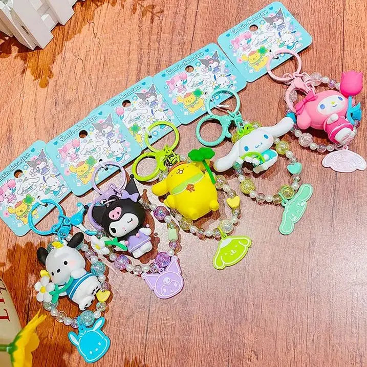 Sanrio Cartoon Animal Kuromi Pompom Purin Cinnamoroll Melody Pachacoo Pendant Keychain Key Ring Action Figure Model Toy Gifts