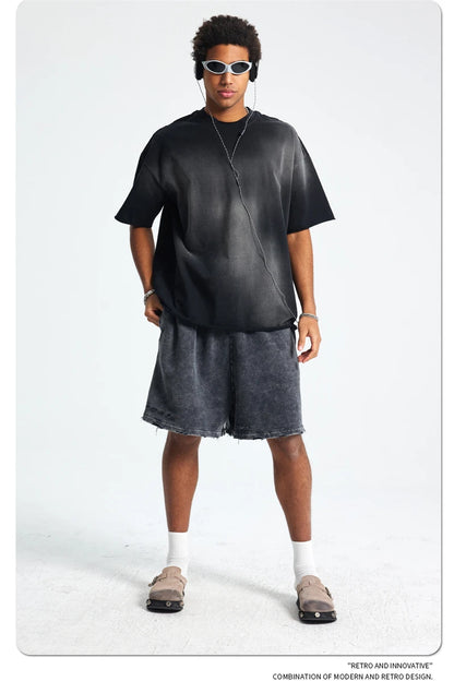 ZODF Retro Summer Men Washed 100% Cotton T-Shirts Unisex High Street Oversized Distressed Broken Neck T Shirt Brand Tees HY1050