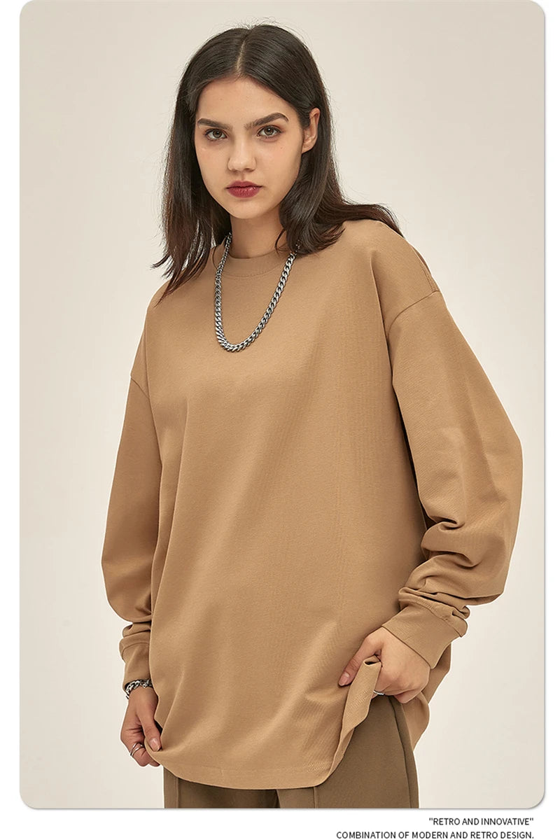 ZODF New 2025 Autumn Men 305gsm 100% Cotton T Shirt Unisex Loose Heavy Weight Basic Long Sleeve Solid T-Shirts Tops HY0634