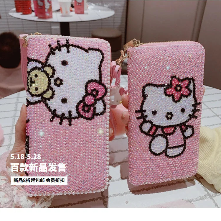 New Sanrio Cute Full Diamond Hello Kitty Wallet Sticker Full Diamond Lady Girl Heart Long Zipper Wallet Mobile Bag