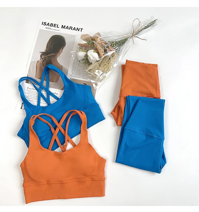2 Pieces Yoga Set Women Gym Set Workout Clothes Sports Suits High Waist Leggings Cross Straps Fitness Bra Top Running Tracksuit
