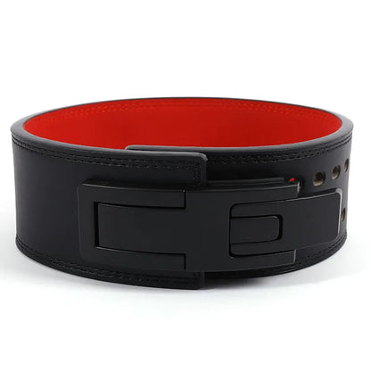 Weightlifting Belt Cowhide Leather Lever Buckle Waist Support for Powerlifting Squat Deadlift Gym Training - Red-120CM