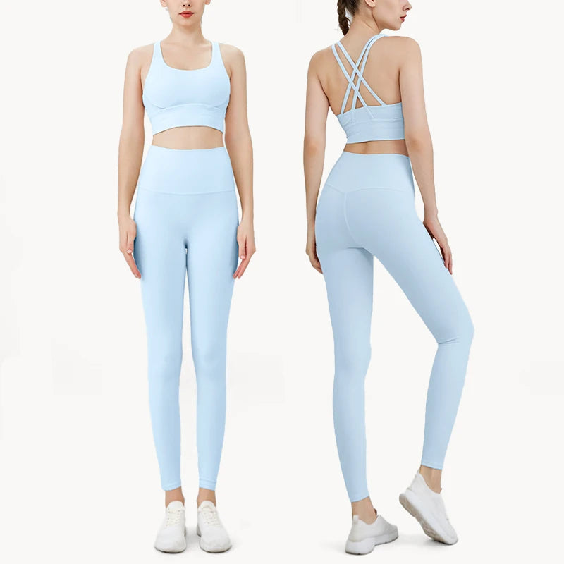 2024 Women’s 2 Piece Yoga Tracksuit Quick Dry Breathable Fitness Set Sports Bra and Leggings - Baby Blue / S
