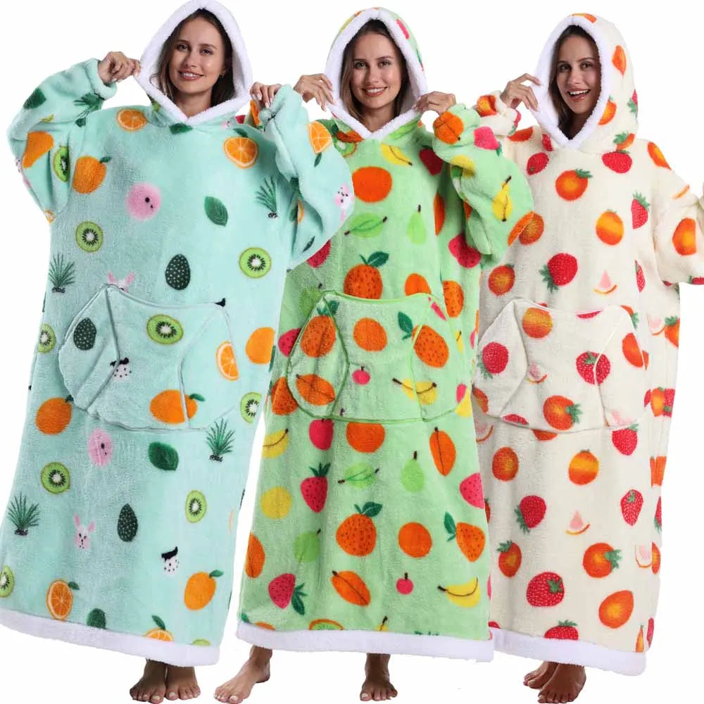Soft Warm Winter Blankets Thick Luxurious Wearable Hooded Blanket with Sleeves Cute Cartoon Food Print Oversized Hoodie Blanket