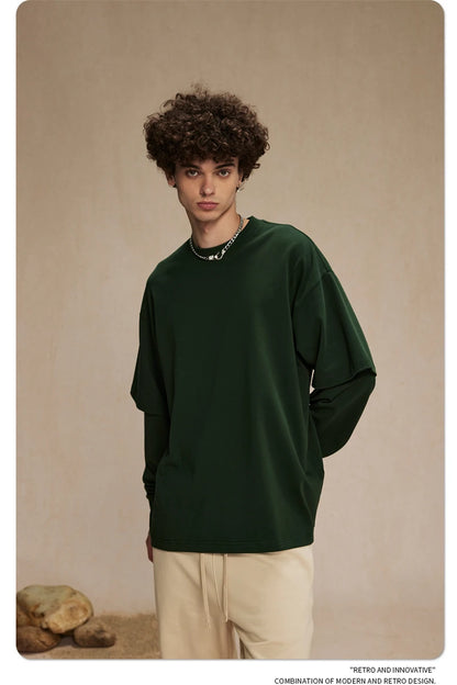 ZODF Fashion Spring Autumn Men 100% Cotton T-Shirt Unisex Fake 2-Piece 305gsm Solid Full Sleeve O Neck T Shirt Brand Tees HY0925