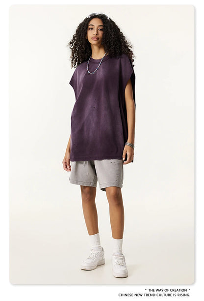 ZODF 2025 Summer 285gsm Washed Tank Tops For Men Unisex American Retro Cut Distressed Oversized Sleeveless TEE Vest HY1006