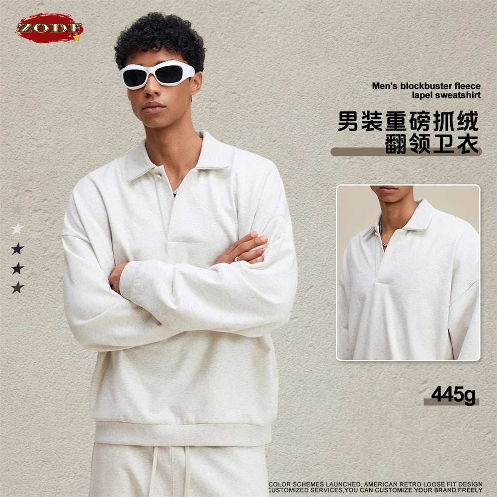 ZODF Casual 2025 Autumn 445gsm Sweatshirt For Man Unisex Turn Down Collar Solid Fleece Pullovers Winter Coats HY1111