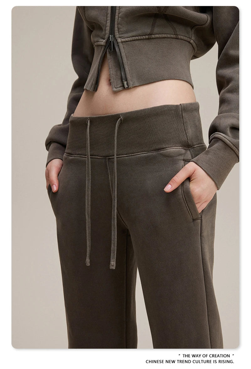 ZODF Retro Winter Women 400gsm Fleece Flared Pants Casual Girls Female Slim Fit Warm Washed Distressed Trousers HY1142