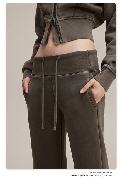 ZODF Retro Winter Women 400gsm Fleece Flared Pants Casual Girls Female Slim Fit Warm Washed Distressed Trousers HY1142