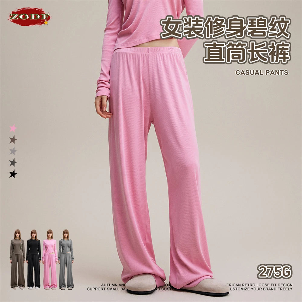 ZODF Women 2025 Solid Comfortable Loose Pants Girls Female 275gsm Solid Wide Lge Straight Trousers Brand Bottoms HY1137