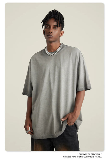 ZODF 2023 Men's Summer 255G Wash Gradient Fried Cotton T Shirt Round Neck Short Sleeve American Retro Loose T-Shirt HY0547