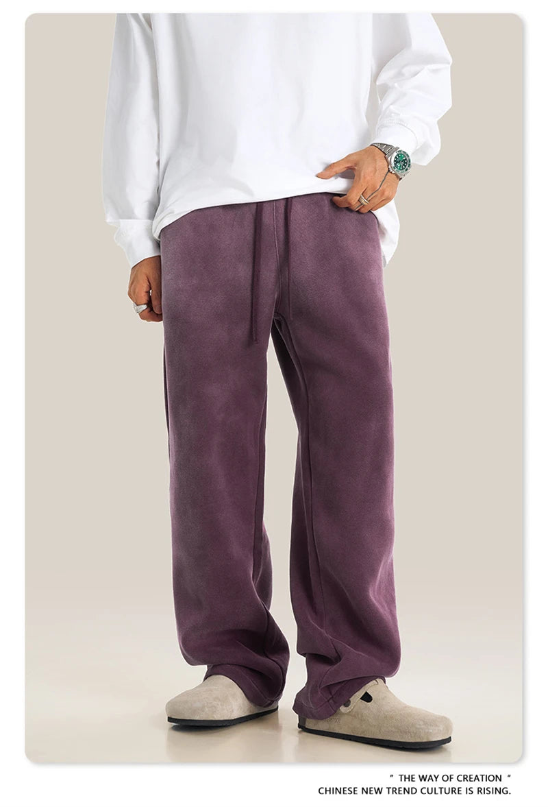 ZODF Retro Winter Monkey Washed Fleece Pants For Men Unisex Washed High Street 332gsm Warm Oversized Straight Trousers HY0892