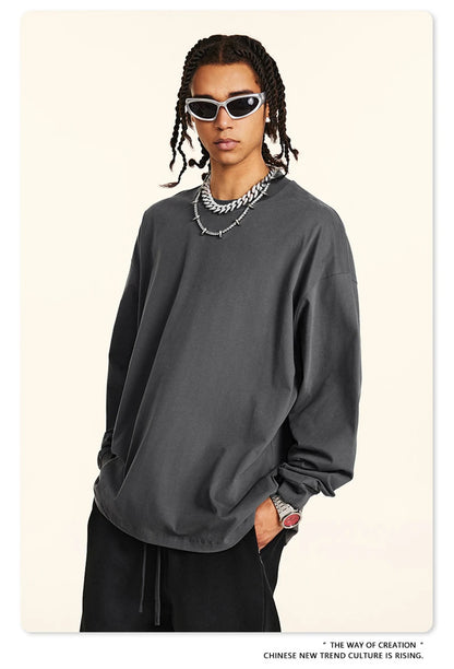 ZODF New 2024 Autumn 225gsm Loose Solid T-Shirt For Men Retro Unisex Antibacterial Full Sleeve T Shirts Brand Tops HY0871