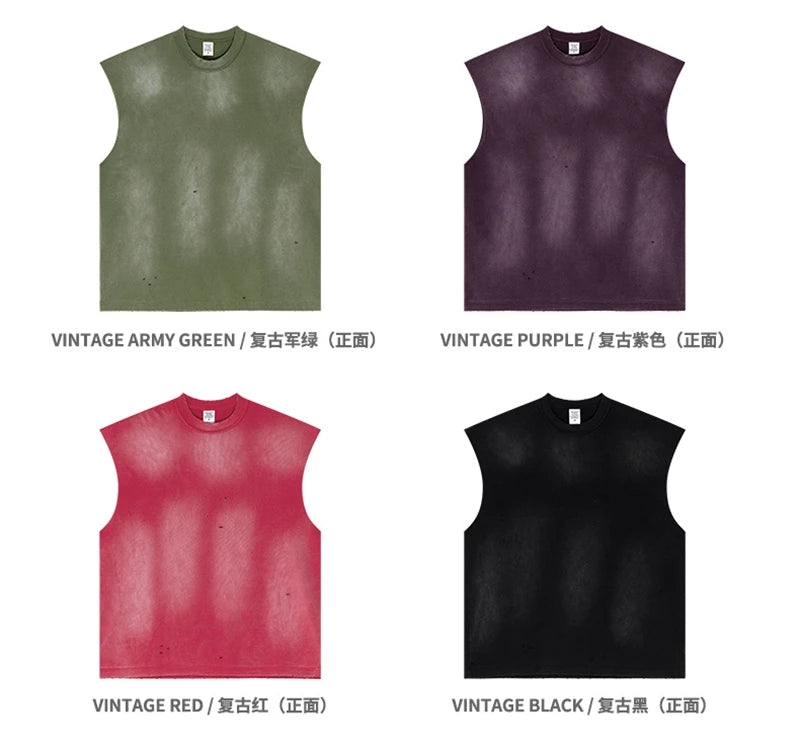 ZODF 2025 Summer 285gsm Washed Tank Tops For Men Unisex American Retro Cut Distressed Oversized Sleeveless TEE Vest HY1006